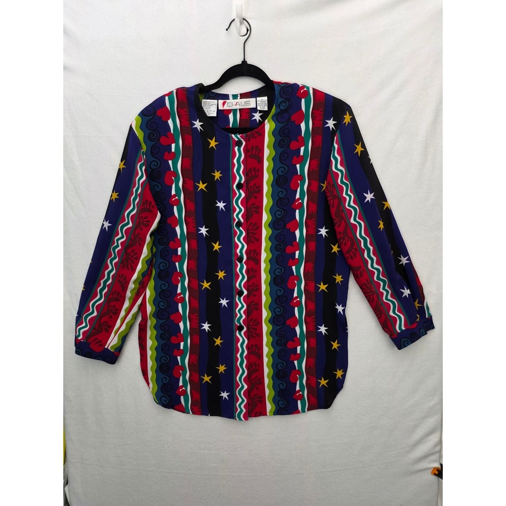 Vintage Chaus Womens Multi Color Star Heart Stripe Button Down Blouse Size 8